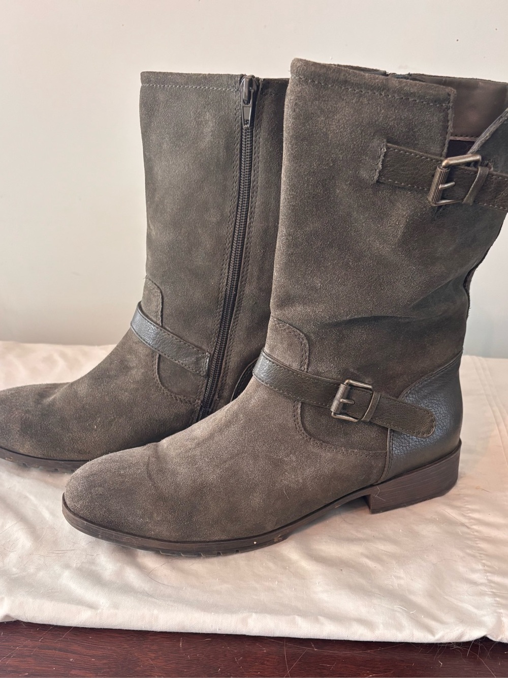 Women’s Suede Mid-Calf Buckle Boots from Earth brand— Olive
